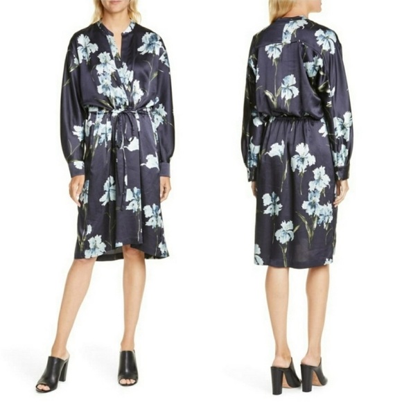 Vince Satin Blue Iris Midi Long Sleeve Floral Pleated Dress - Picture 1 of 14